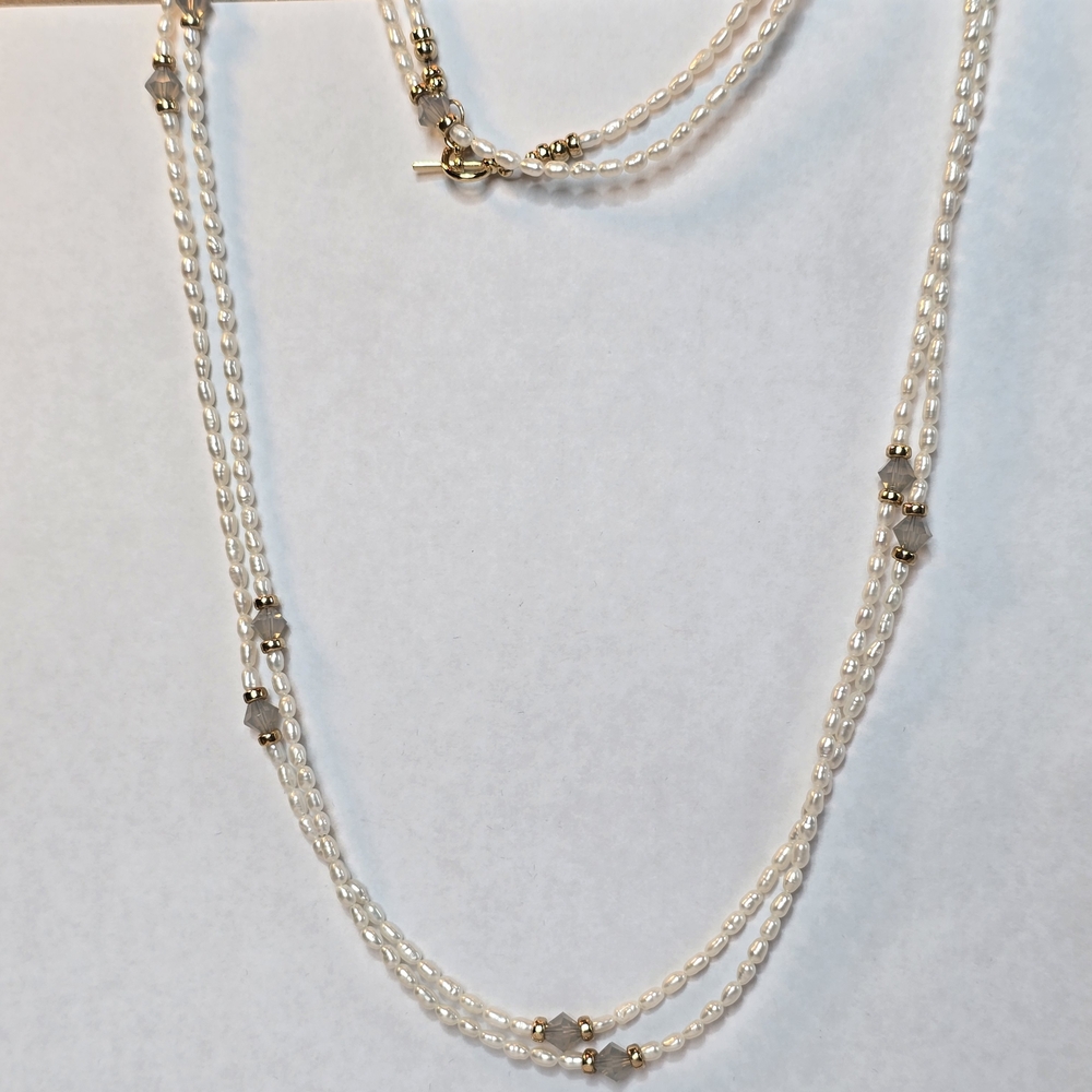 FRESHWATER PEARL and CRYSTAL 48" Long NECKLACE ♡ GOLD-FILLED